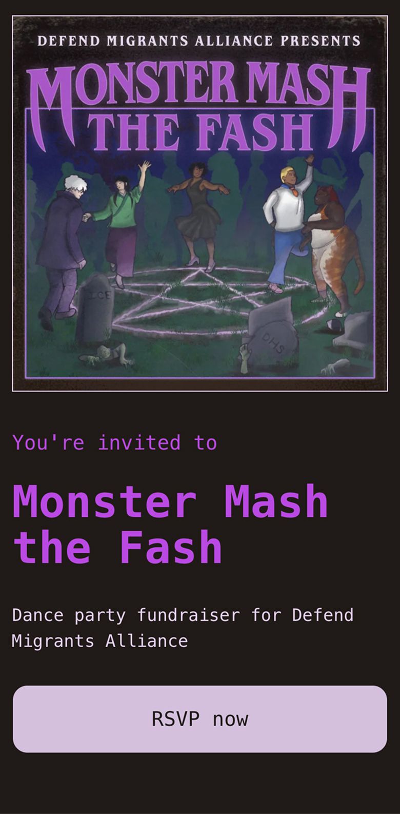 Screenshot of Monster Mash the Fash event RSVP website. It's dark purple and has a retro horror movie aesthetic.