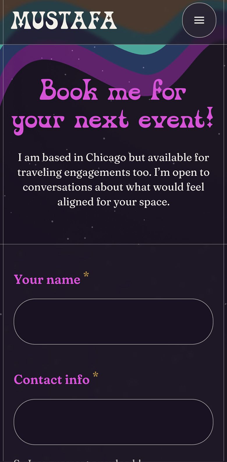 Screenshot of Mustafa's website's contact page. It's groovy and purple and spacey